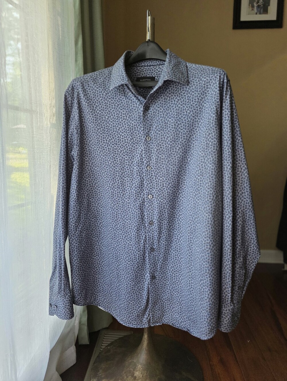 Bugatchi OoohCotton Men's XL Navy Paisley 8-Way‎ Stretch Performance Button Down